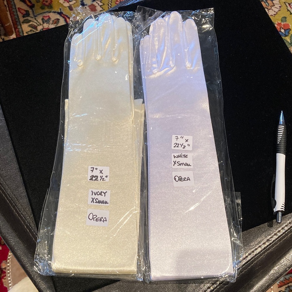Opera Length Satin Gloves in Ivory or White. 7” circumference x 22 1/2” length